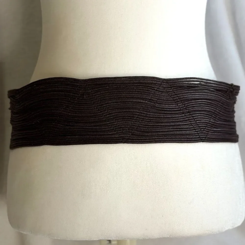 Coldwater‎ Creek Brown Wide Woven Cotton Belt Faux Leather Accents Statement S/M